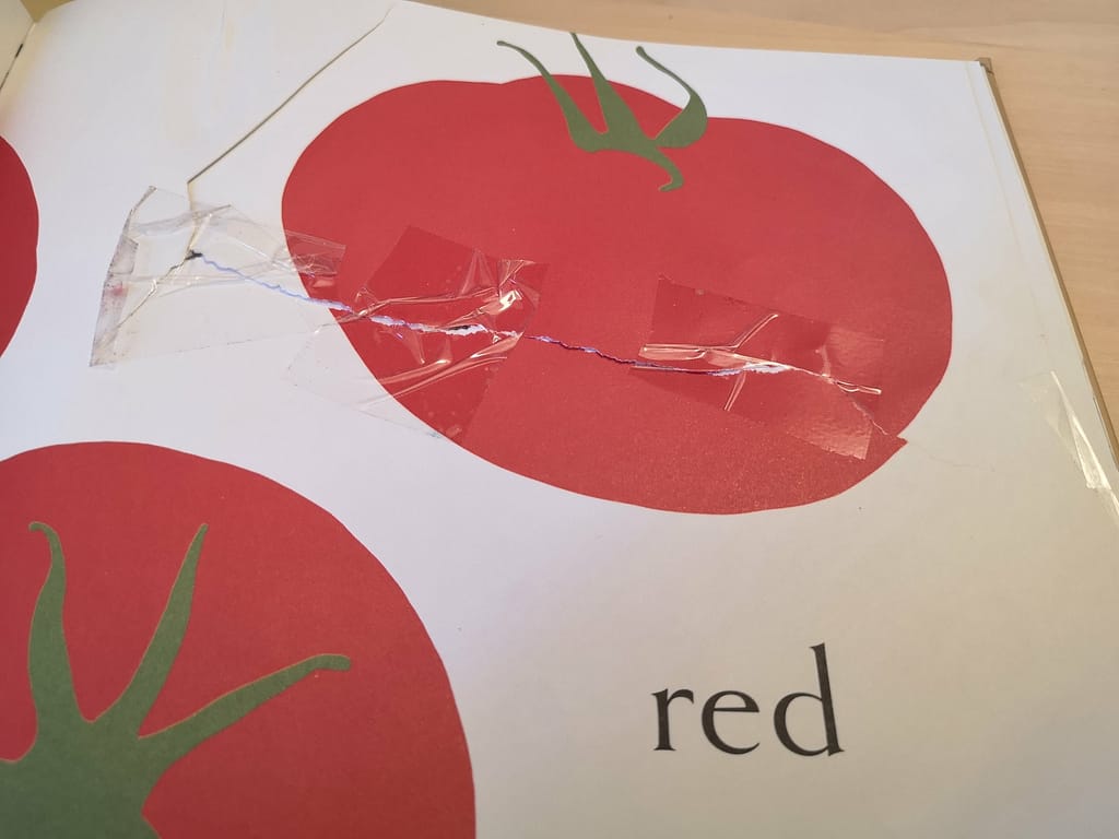 Page with tomatoes repaired by children with tape.