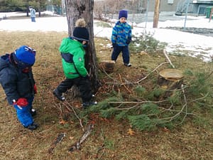 Creating a "campfire" with branches, pine cones, and pieces of bark they collected. 