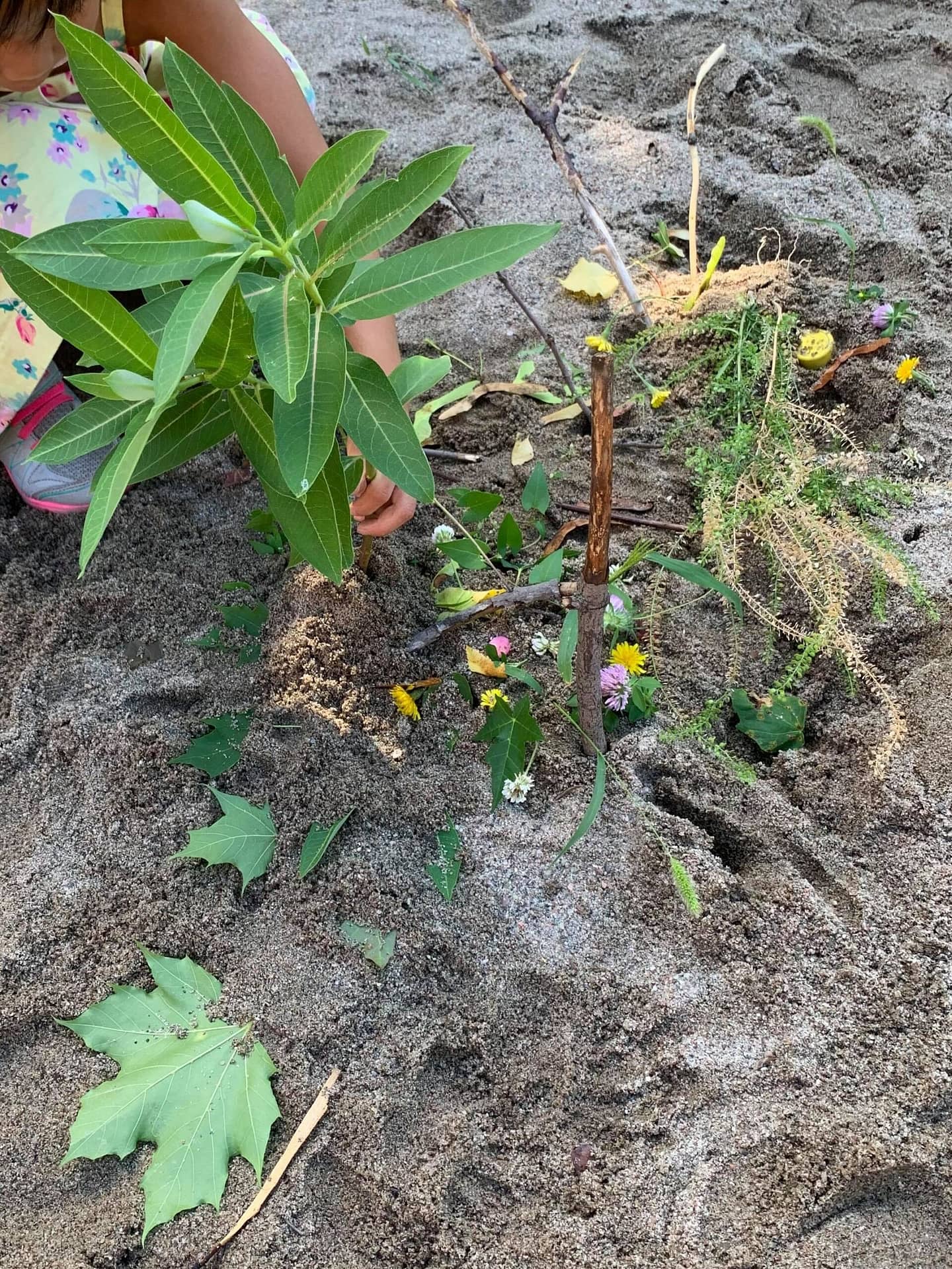 Child making design in sand with leaves and twigs